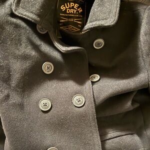 Superdry Wool Pea Coat Jacket Double Breasted Black Mens Size‎ S